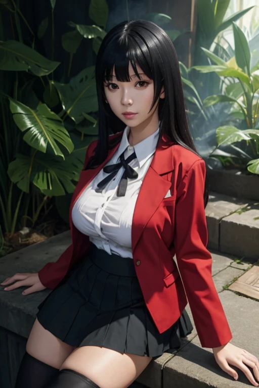 sit in tropical rainforest , steam , waistband of skirt is at the point above chest , Tight shirt , white Shirt , school girl , skirt under breasts , skirt is near breasts area , skirt is adjacent to the chest , jabami yumeko, black hair, long hair, blunt bangs , red jacket, shirt, black skirt , big breasts , pikkyyumeko pikkyyumeko, 1girl, solo, looking at viewer, black hair, bangs, blunt bangs, long hair, very long hair, hime cut, red eyes, glowing eyes, breasts, large breasts, , shirt, red jacket, jacket, white shirt, collared shirt, lips, blazer, black pantyhose, mary janes,  full body,