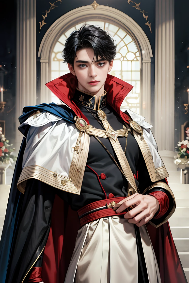 masterpiece, 最high quality, high quality, 1 boy, alone, Male focus, Watching the audience, Messy black hair, Adorable big blue eyes, White, Noble, Noble,Sexy Bomber Cape、A very voluminous, large, very large, very large, long, long red and black cape with a high stand-up collar, made of a lot of fabric that reaches down to the floor., ,Cute beautiful boys,Cute, cute, kind, handsome guy