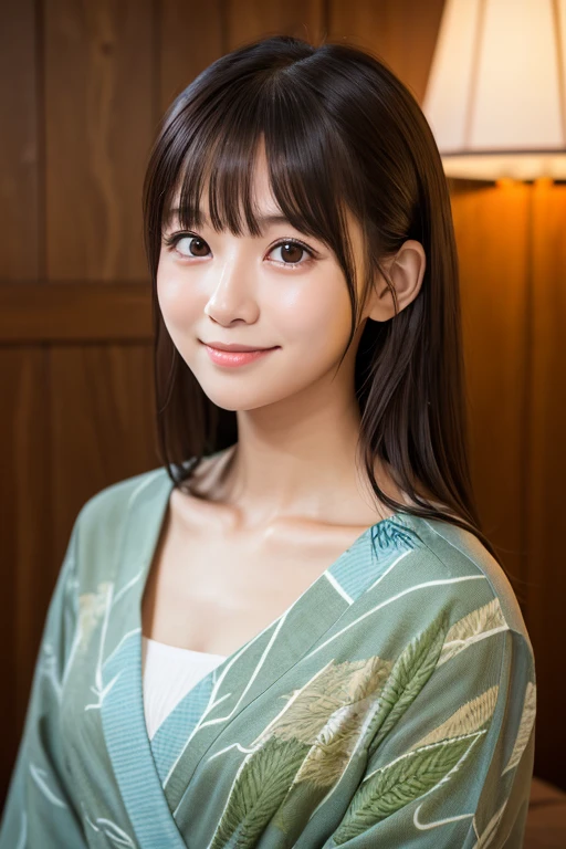 masterpiece, highest quality, (Beautiful woman:1.3), (24-years-old:1.3), Very fine grain definition, (Symmetrical eyes:1.3), (Upper Body:1.2), (Hemp leaf pattern yukata:1.3), Brown eyes, Parted bangs, Brown Hair, Delicate girl, (Eye and facial details:1.0), (RAW Photos, Professional Lighting, Film Grain, chromatic aberration)、(strap slip 、embarrassed、sad smile)、On the futon in a Japanese inn、Beautiful clavicle、Selfie、Put your hands up