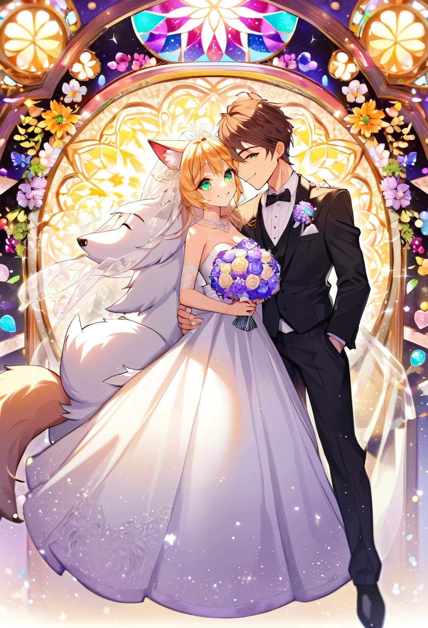 Top quality, ultra-fine illustrations(associations, colorful stained glass with shimmering light, kaleidoscope, wedding aisles lined with jewel-like lamps)(very detailed and beautiful faces, very detailed and beautiful eyes, eyes with lively brilliance)absurdres, perfect anatomy(angelic cute 1girl, kemono, angelic handsome 1boy, couple)(happy wedding, husband in tuxedo, beastman wife in wedding dress, husband hugging wife's shoulders, Two people staring at each other and smiling, wedding photo, bouquet of beautiful flowers, shining wedding ring on ring finger)(furry anthro:1.7)(furry body, animal face features, animal body features)(very detailed fur)full body, smile, kiss (dynamic pose),