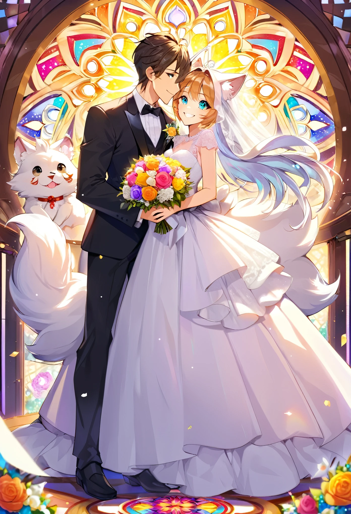 Top quality, ultra-fine illustrations(associations, colorful stained glass with shimmering light, kaleidoscope, wedding aisles lined with jewel-like lamps)(very detailed and beautiful faces, very detailed and beautiful eyes, eyes with lively brilliance)absurdres, perfect anatomy(angelic cute 1girl, kemono, angelic handsome 1boy, couple)(happy wedding, husband in tuxedo, beastman wife in wedding dress, husband hugging wife's shoulders, Two people staring at each other and smiling, wedding photo, bouquet of beautiful flowers, shining wedding ring on ring finger)(furry anthro:1.7)(furry body, animal face features, animal body features)(very detailed fur)full body, smile, kiss (dynamic pose),