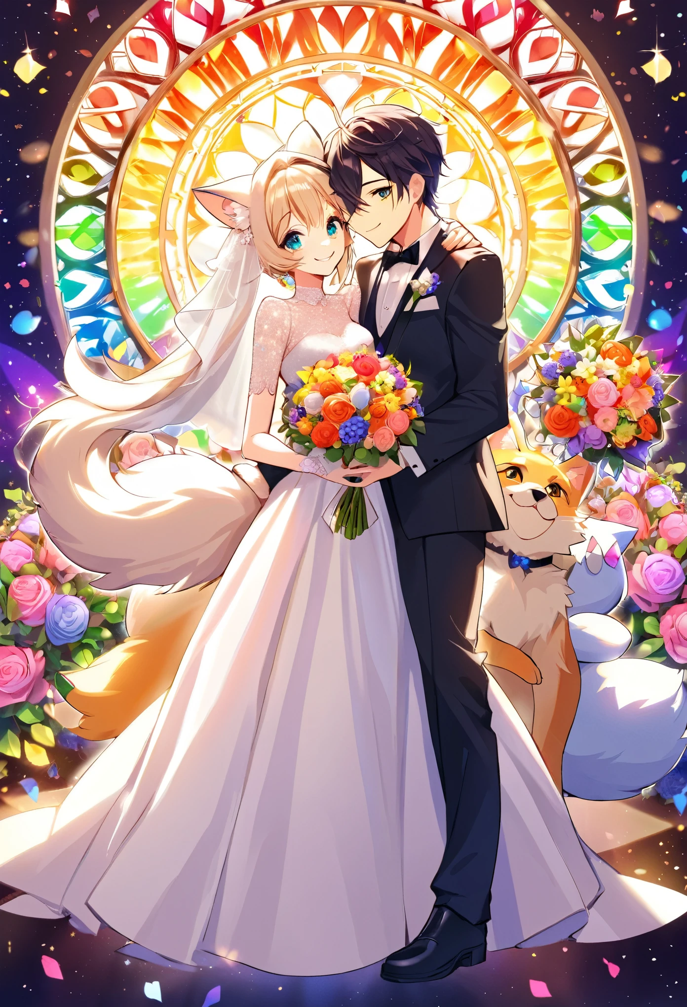 Top quality, ultra-fine illustrations(associations, colorful stained glass with shimmering light, kaleidoscope, wedding aisles lined with jewel-like lamps)(very detailed and beautiful faces, very detailed and beautiful eyes, eyes with lively brilliance)absurdres, perfect anatomy(angelic cute 1girl, kemono, angelic handsome 1boy, couple)(happy wedding, husband in tuxedo, beastman wife in wedding dress, husband hugging wife's shoulders, Two people staring at each other and smiling, wedding photo, bouquet of beautiful flowers, shining wedding ring on ring finger)(furry anthro:1.7)(furry body, animal face features, animal body features)(very detailed fur)full body, smile, kiss (dynamic pose),