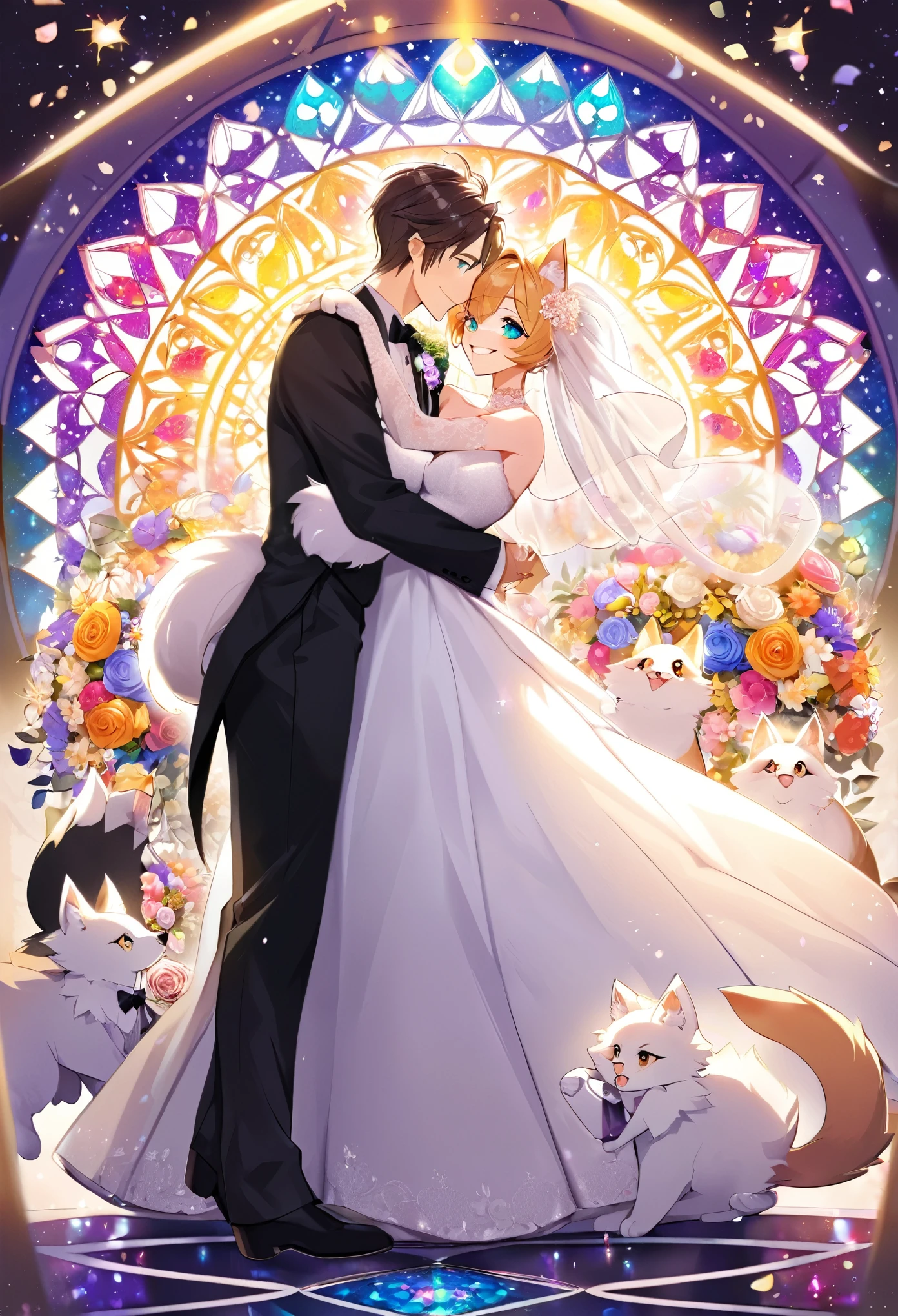 Top quality, ultra-fine illustrations(associations, colorful stained glass with shimmering light, kaleidoscope, wedding aisles lined with jewel-like lamps)(very detailed and beautiful faces, very detailed and beautiful eyes, eyes with lively brilliance)absurdres, perfect anatomy(angelic cute 1girl, kemono, angelic handsome 1boy, couple)(happy wedding, husband in tuxedo, beastman wife in wedding dress, husband hugging wife's shoulders, Two people staring at each other and smiling, wedding photo, bouquet of beautiful flowers, shining wedding ring on ring finger)(furry anthro:1.7)(furry body, animal face features, animal body features)(very detailed fur)full body, smile, kiss (dynamic pose),
