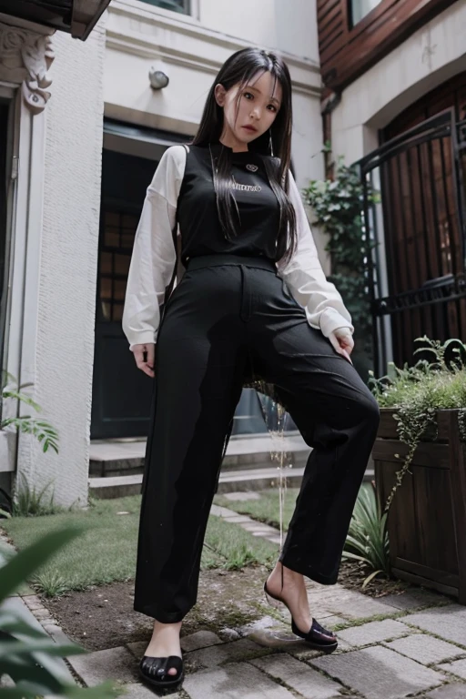 Malay Girl sees the ghost and pees her black ao dai pants until her pants are wet in fright.
