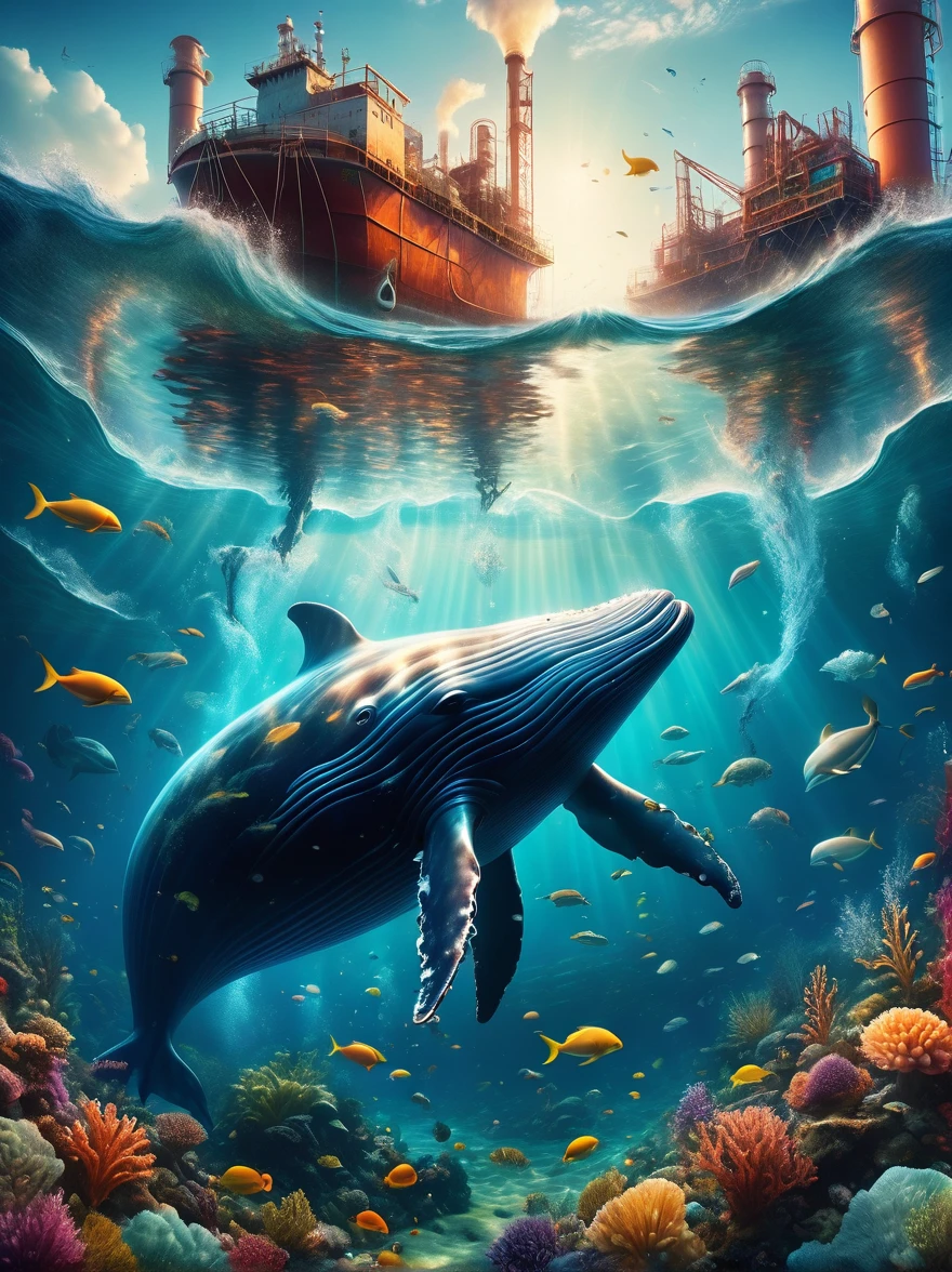 In a polluted Arctic sea, a whale swims with its enormous tail rising high above the water's surface. On the whale's back, there is an incredulous sight - a waste-processing plant producing more garbage. The scene captures the unbelievable depth of ocean pollution. Underwater, the view reveals a fantastical seascape filled with pollution. This highly detailed illustration combines realistic fantasy elements and magical realism, showcasing the underwater world with 3D rendering and matte painting techniques. The high-quality fantasy stock photo is a wide-angle fantasy artwork featuring underwater scenery, exceptionally clear and meticulously detailed with cinematic lighting effects, level,masterpiece,最高masterpiece,best quality,Rendering,Rich colors,rich and colorfulな呪文を唱える,Like a dream,details,detailed,,Vibrant colors,beautiful光と影,magic,Like a dream,inspiration,beautiful,Rendering,rich and colorful,wonderful,Light Particles,familiar,masterpiece,最高masterpiece,Artwork using light,artistic,familiar,Tyndall effect