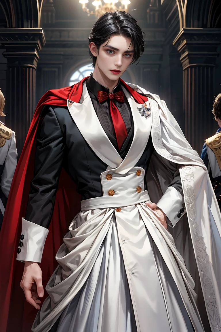 
masterpiece, 最high quality, high quality, 1 boy, alone, Male focus, Watching the audience,  Messy black hair, Adorable big blue eyes, White, Noble, Noble, Beautiful Vampire、Tuxedo、A very voluminous, large, very large, very large, long, long red and black cape with a high stand-up collar, made of a lot of fabric that reaches down to the floor., 17 years old,Cute beautiful boys,Cute, cute, kind, handsome guy