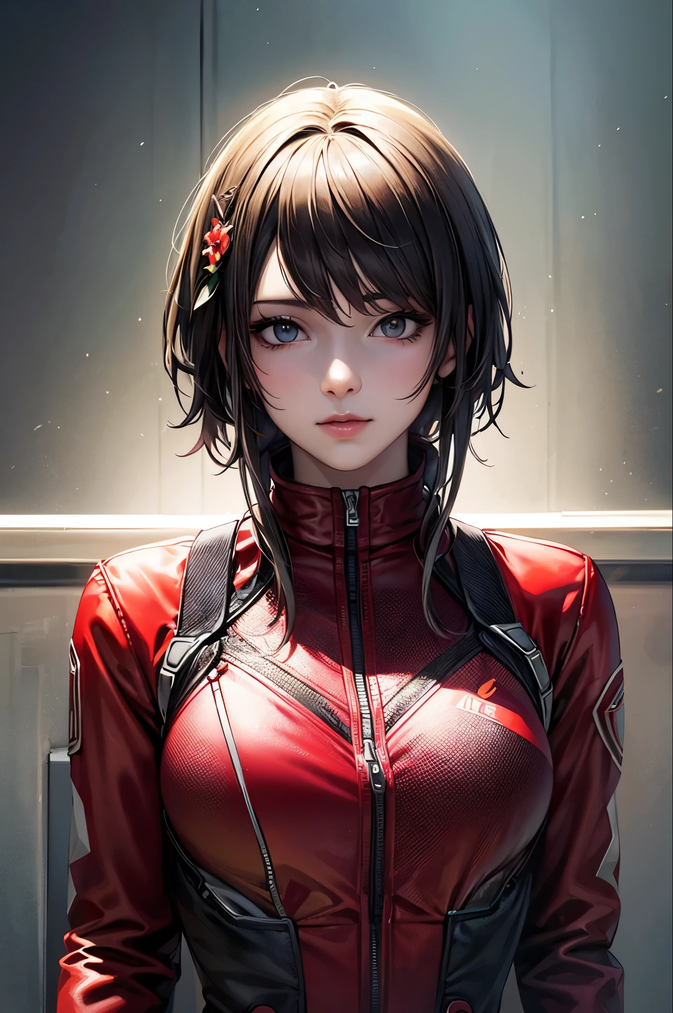 (8k, highest quality, masterpiece:1.2), Super detailed, masterpiece, Realistic lighting,masterpiece, highest quality, masterpiece, Official Art,Highly detailed CG Unity 8k wallpaper,Beautiful fine details, Light on the face, One girl, Asuka,Upper Body, chest, pilot_suit, plugsuit, red_Jacket, Windbreaker, gloves, bandage, hair_ornament, Braces,