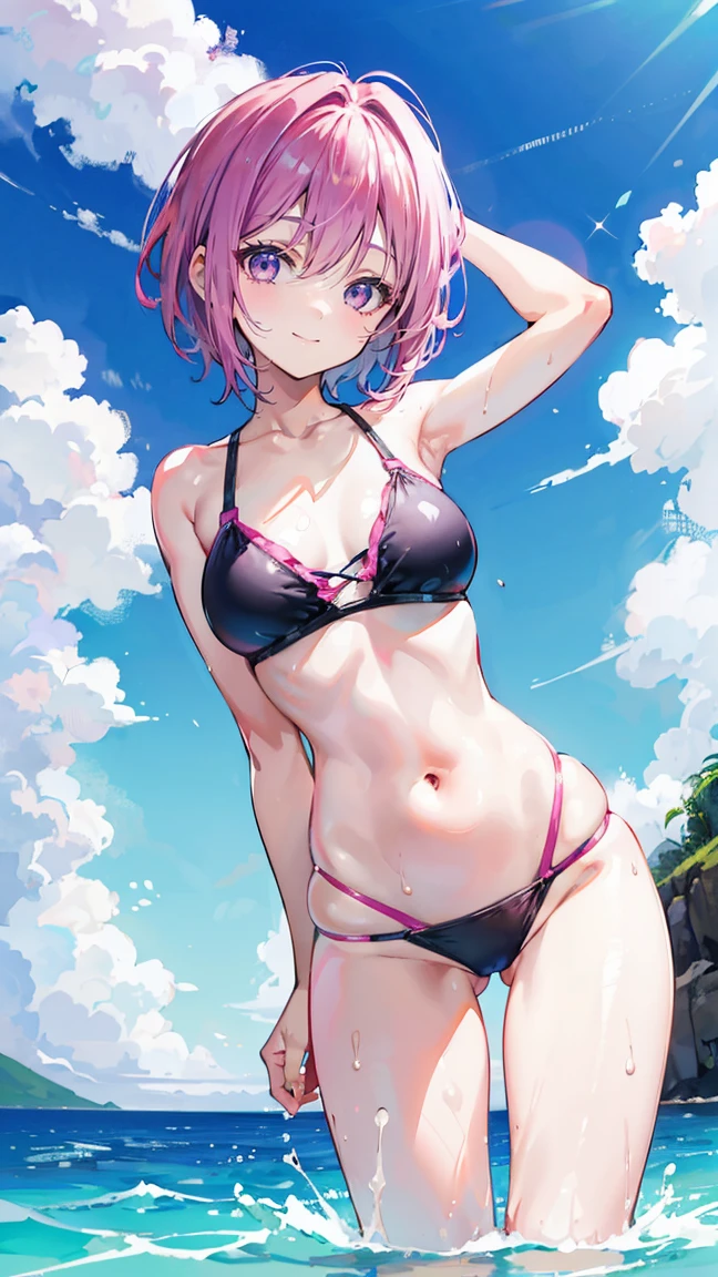 Pink Hair，Purple Eyes，short hair，Little sister head，Black hairpin，girl，Lovely，Smiling expression，Happy and happy expression，Navy blue swimsuit，Wet on the body，whole body，Standing in the pool，Don't show your arms，Background is beach，Hawaii，Blue sky and white clouds
