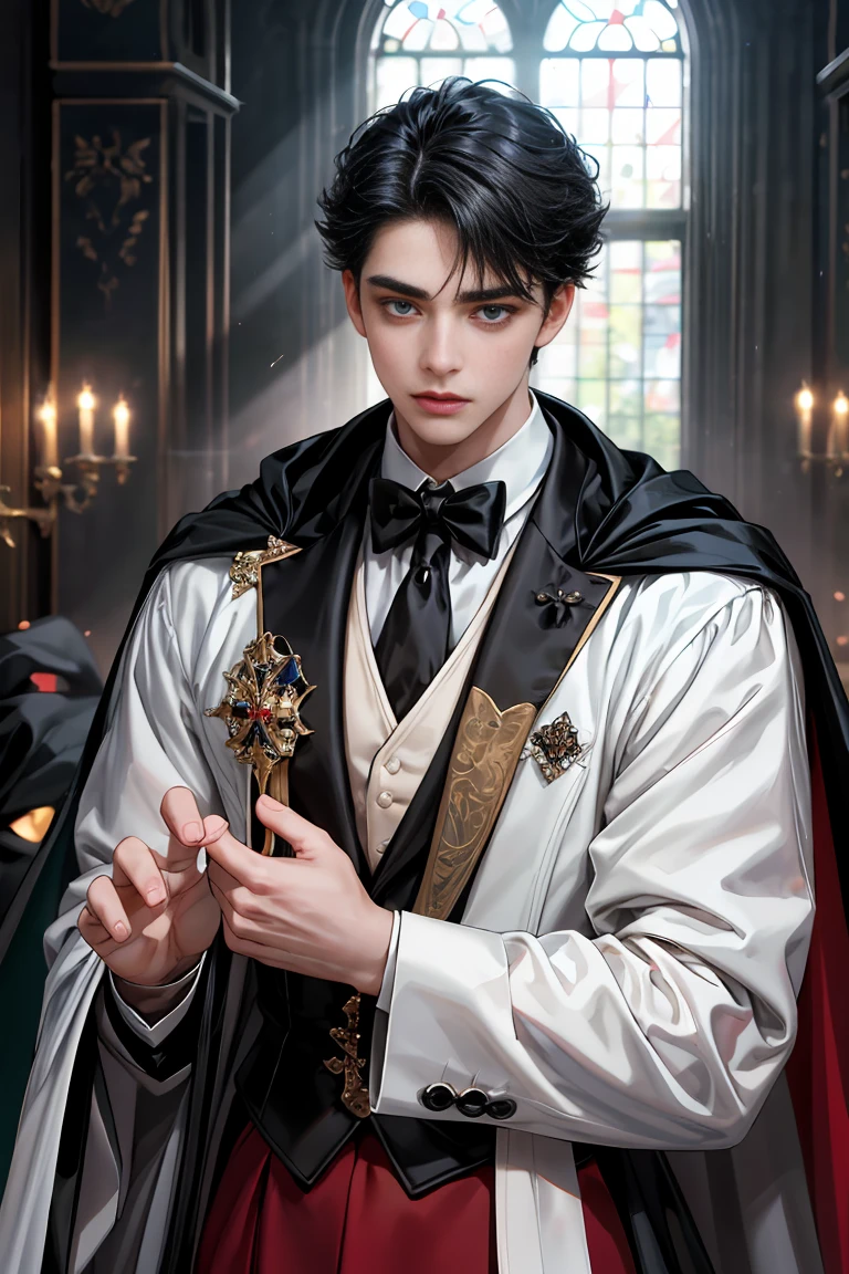 masterpiece, 最high quality, high quality, 1 boy, alone, Male focus, Watching the audience, Messy black hair, Adorable big blue eyes, White, Noble, Noble, Beautiful Vampire、Tuxedo、A very voluminous, large, very large, very large, long, long red and black cape with a high stand-up collar, made of a lot of fabric that reaches down to the floor., 17 years old,Cute beautiful boys,Cute, cute, kind, handsome guy