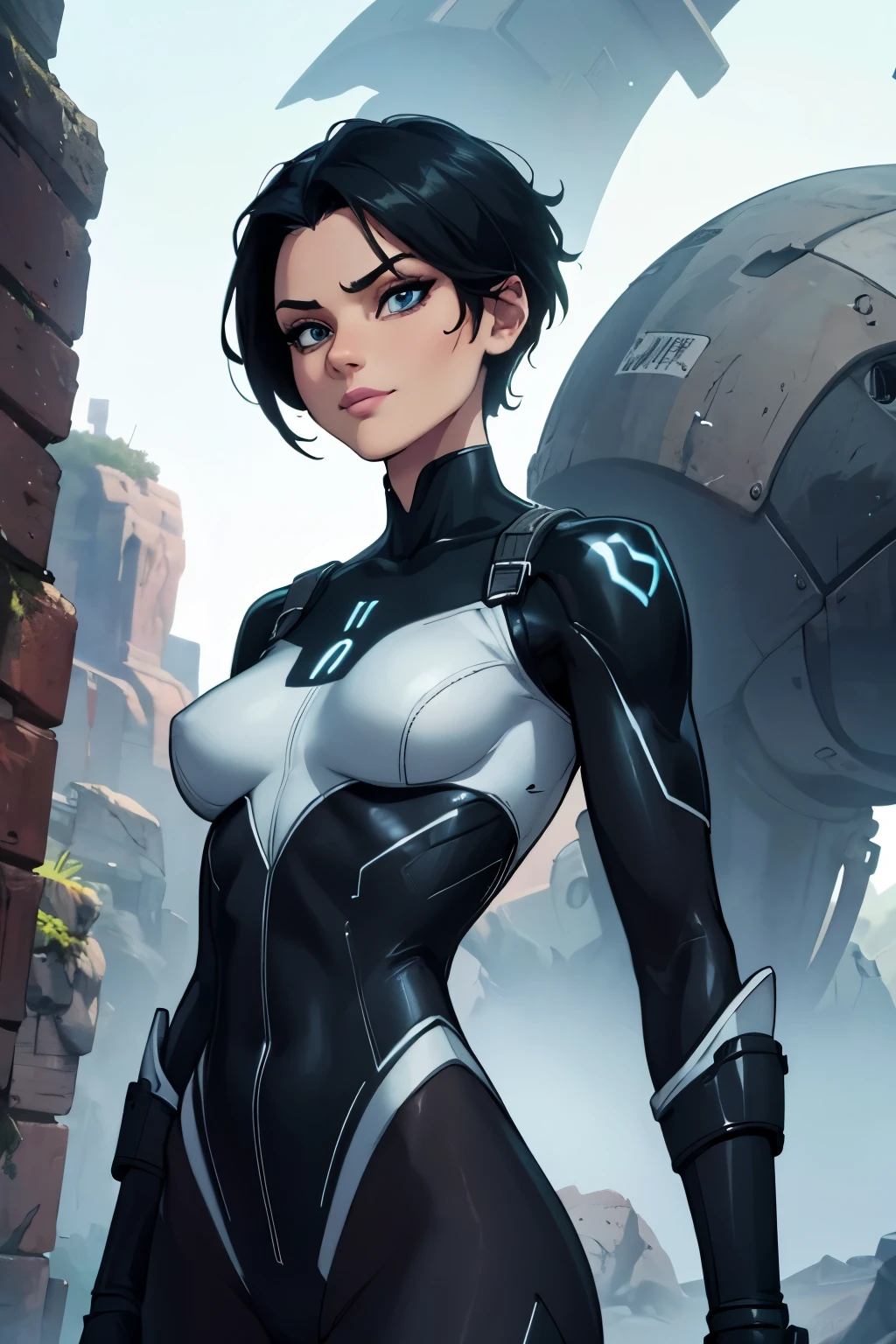 (art, Best quality, absurd, 4K, aesthetics,detailed face, perfect eyes, perfect face, detailed, complex, Perfect lighting) 1 girl with fair skin, short shaved dark hair, wears all black futuristic bodysuit, queen of an alien race, warrior, gentle smile