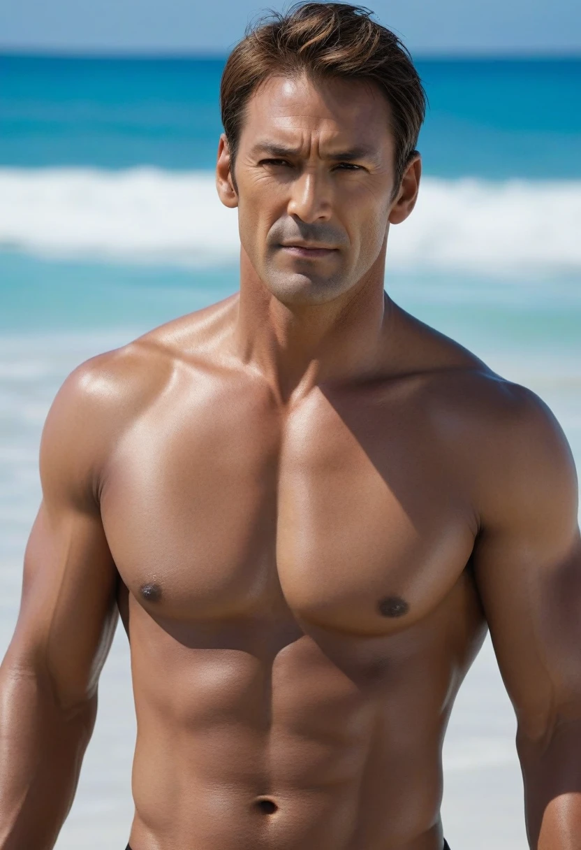 photo, 8k, sharp focus, male actor, brown hair, mixed with Japanese and American, brown skin, mature ikemen, heavy weight male celeb, male black bikini, topless