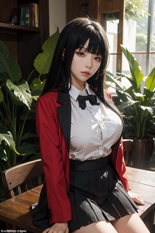 sit in tropical rainforest , steam , waistband of skirt is at the point above chest , Tight shirt , white Shirt , school girl , skirt under breasts , skirt is near breasts area , skirt is adjacent to the chest , jabami yumeko, black hair, long hair, blunt bangs , red jacket, shirt, black skirt , big breasts , pikkyyumeko pikkyyumeko, 1girl, solo, looking at viewer, black hair, bangs, blunt bangs, long hair, very long hair, hime cut, red eyes, glowing eyes, breasts, large breasts, , shirt, red jacket, jacket, white shirt, collared shirt, lips, blazer, black pantyhose, mary janes, full body,