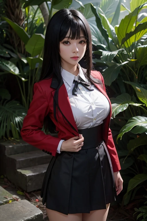 sit in tropical rainforest , steam , waistband of skirt is at the point above chest , Tight shirt , white Shirt , school girl , skirt under breasts , skirt is near breasts area , skirt is adjacent to the chest , jabami yumeko, black hair, long hair, blunt bangs , red jacket, shirt, black skirt