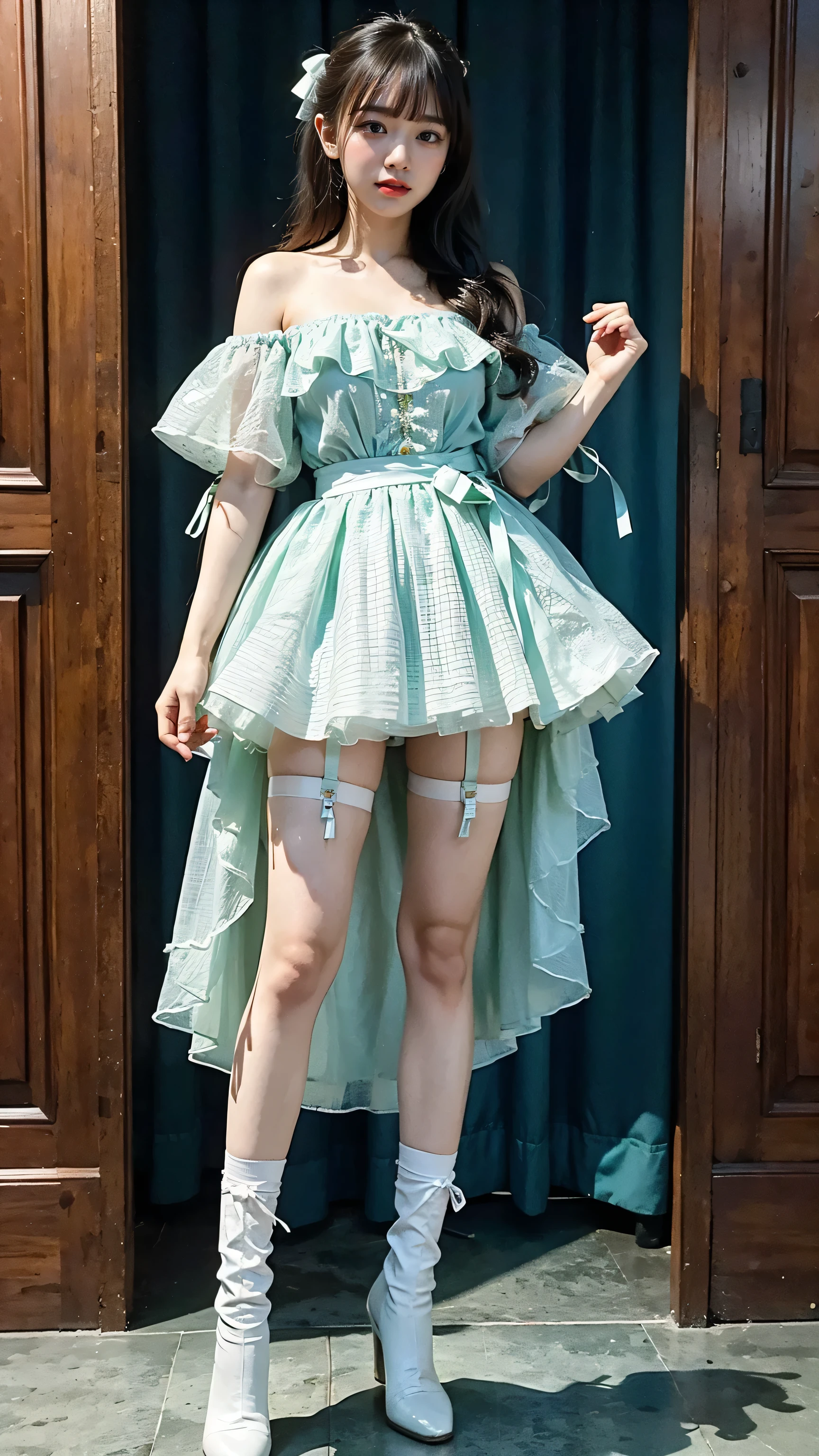 (8k、RAW Photos、highest quality、masterpiece:1.2)、(Realistic、Realistic)、1 girl、((Light blue and green mile、Off the shoulder、Frills、ribbon、See-through、stage、Spotlight、garter belt、View from the front、boots、Standing with hands on hips))、