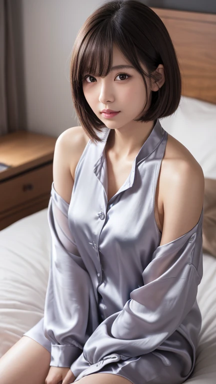 (8k, Photorealistic, Raw photo, Highest quality: 1.4),Japanese idol-style beautiful girl,18-year-old,Short Bob,Silver Hair,Big, clear grey eyes,Long eyelashes,Healthy, plump lips,She was wearing black silk pajamas, all of the buttons undone, with the collar hanging down to her shoulders, exposed to her bare skin.,Both shoulders are visible and the chest is open wide.,Shorts.Waking up.Her arms are pressed together and her hands are on the bed,Sitting with a slouch,Looking at the camera
