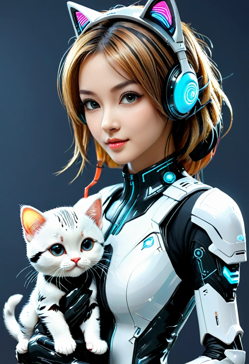 Cute cyber world with its cyber life and cyber creatures, in this cute cyber world a very beautiful and cute cyber girl with her cute cute cyber cat, cyber girl is shown in detail, cyber cat is shown in detail, high resolution, high technology, cybernetic creatures