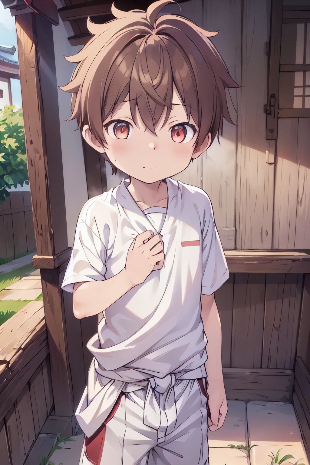 1boy, aoi, masterpiece, ultra detail, male focus, soccer shirt, adorable captivating, light brown hair , red eyes , white albine skin, japanese style, steam smork, japan style, anime coloring, shy, home muji style, detailed face, white towel on waist,white silk, outdoor, sweat, 