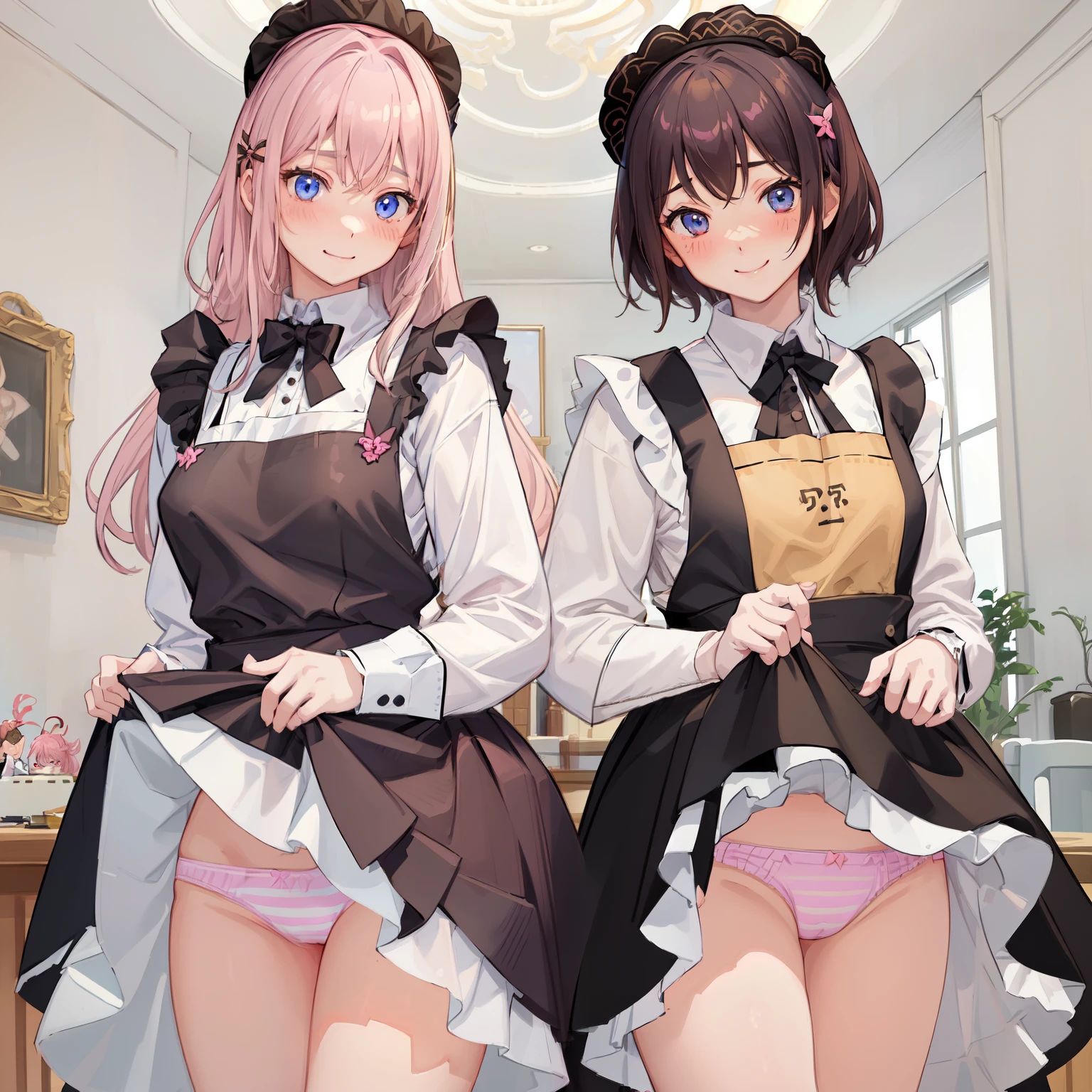 highest quality、masterpiece、((2 girls:1.5))、((smile:1.3))、(blush:1.3)、Black Shirt、blouse、((fun!!))、(Small breasts)、()、Blonde、(Long sleeve)、((White apron:1.5))、((Maid))、((hair ornaments)),、Kamimei、look at me、 ((in house:1.5))、 Taking a break from watching the audience、Cowboy Shot、(Skirt lift:1.3),(Highly detailed pink striped panties:1.3)、(Highly detailed panties:1.3)、、(スカート that rolls up:1.3)、(Panties fully exposed:1.5)、Light blue eyes、long hair、Glowing Eyes
