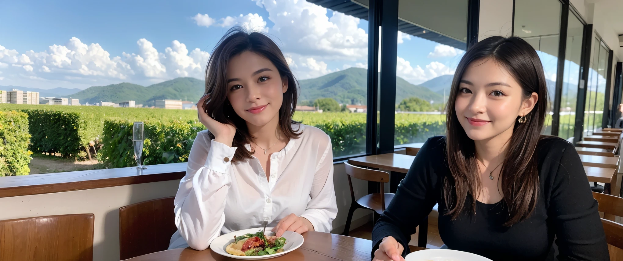 ((highest quality、8k、masterpiece:1.3))、1 male1 female、sake,cutegirl,wineparty、spouse、Couple、Slim body、((Bob Hale、Straight hair:1.2)), (Realistic, Intricate details:1.2), Wine glass on the table、Shine light on your face、 Amazing view of the sunset sky and clouds、Amazing mountain views、A bright smile、The wonderfulness of smile、Bright image、The beauty of wine, Beautiful Face, blue eyes, The light shines on your face, Blushing, short hair,Bright Face、 (Age 37), 32years old, red wine 、Appetizers、Italian food、Wine bottle、Champagne、sparkling wine、Two beauties、Brown Hair、Shortcuts、Long sleeve shirt、dress、Pretty Woman 1, (Slim face), (The body is slim), (Brown Hair), (Shortcuts), cheeks turn a little red,Attractive beauty、restaurant, In a prominent place (From the waist up) Nova Frog Style, actress, model, Upper Body, White wine, slim, wine glass, Wine glass placed in the center, smile, (smile: 1.15), Beautiful fine grain, Depth f/2,saturation, High Contrast, Strong light and shadow,Moist Body:1.5、3D texture、Delicate eyes、Brown Hair、The hair is very shiny、