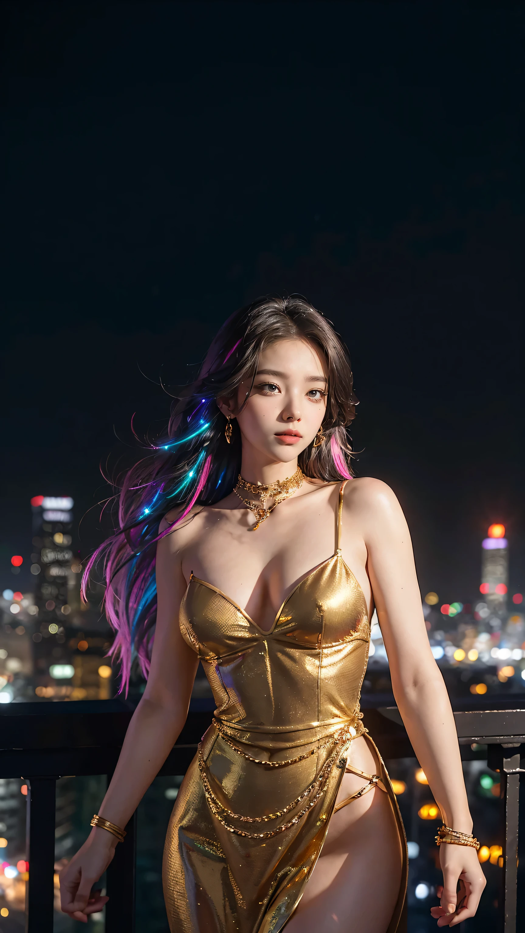 Gold handcuffs on the chain, around the neck,Dense city background with (many colorful Lights:1.2), from Skyscraper, { Volumetric lighting | 8K-resolution | bokeH | Professional camera work with Hasselblad | (Glow light effect) | Trajectories } .