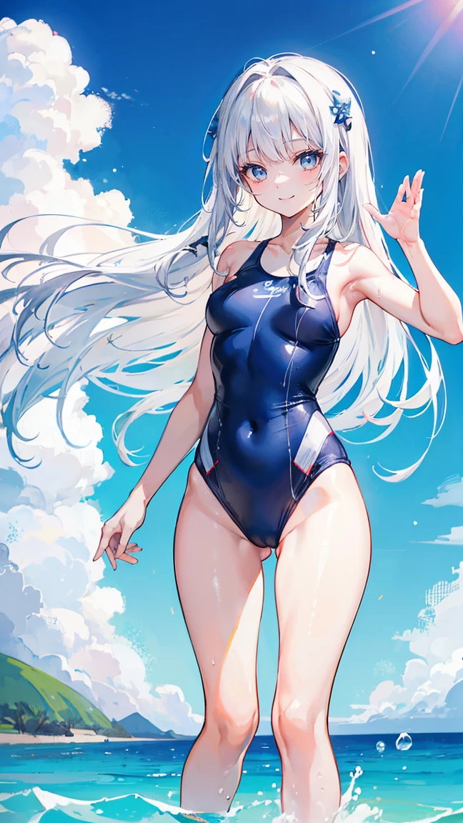 white hair,long hair,Bangs,Bangs整齐,Blue headband,Gray eyes,girl,Lovely,Smiling expression,Happy and happy expression,Navy blue swimsuit,Wet on the body,whole body,Standing in the pool,Don't show your arms,Background is beach,Hawaii,Blue sky and white clouds