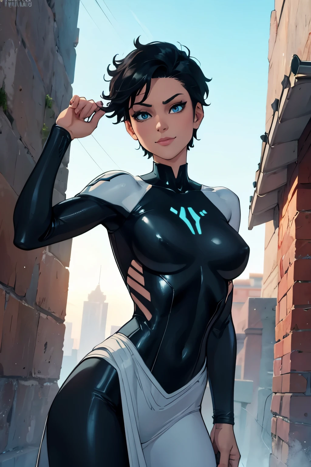 (art, Best quality, absurd, 4K, aesthetics,detailed face, perfect eyes, perfect face, detailed, complex, Perfect lighting) 1 girl with fair skin, short shaved dark hair, wears all black futuristic bodysuit, queen of an alien race, warrior, gentle smile
