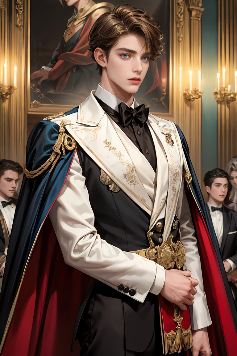 masterpiece, 最high quality, high quality, 1 boy, alone, Male focus, Watching the audience, Messy brown hair, Adorable big blue eyes, White, Noble, Noble, Tuxedo、A very voluminous, large, very large, very large, long, long red and black cape made with a lot of fabric that reaches down to the floor, with a stand-up collar that is higher than the face., ,Cute beautiful boys,Cute, cute, kind, handsome guy