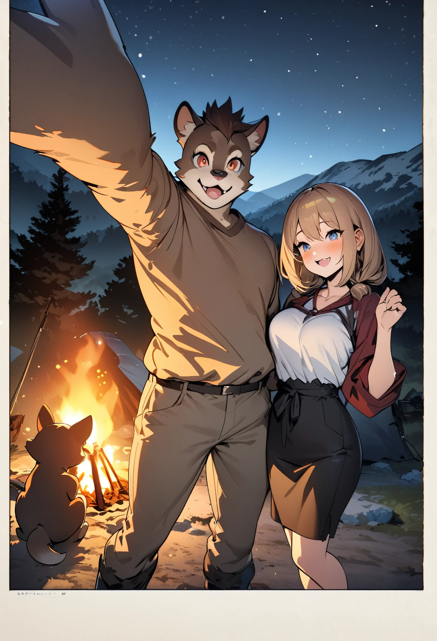top quality, best quality, High-quality illustrations, masterpiece, super high resolution, detailed background, detailed background, Campsite in the mountains, group shot, 1boy, 1girl, camp-fire, night sky, absurdres, perfect anatomy(Photo of family trip)(kemono, furry anthro)selfie,