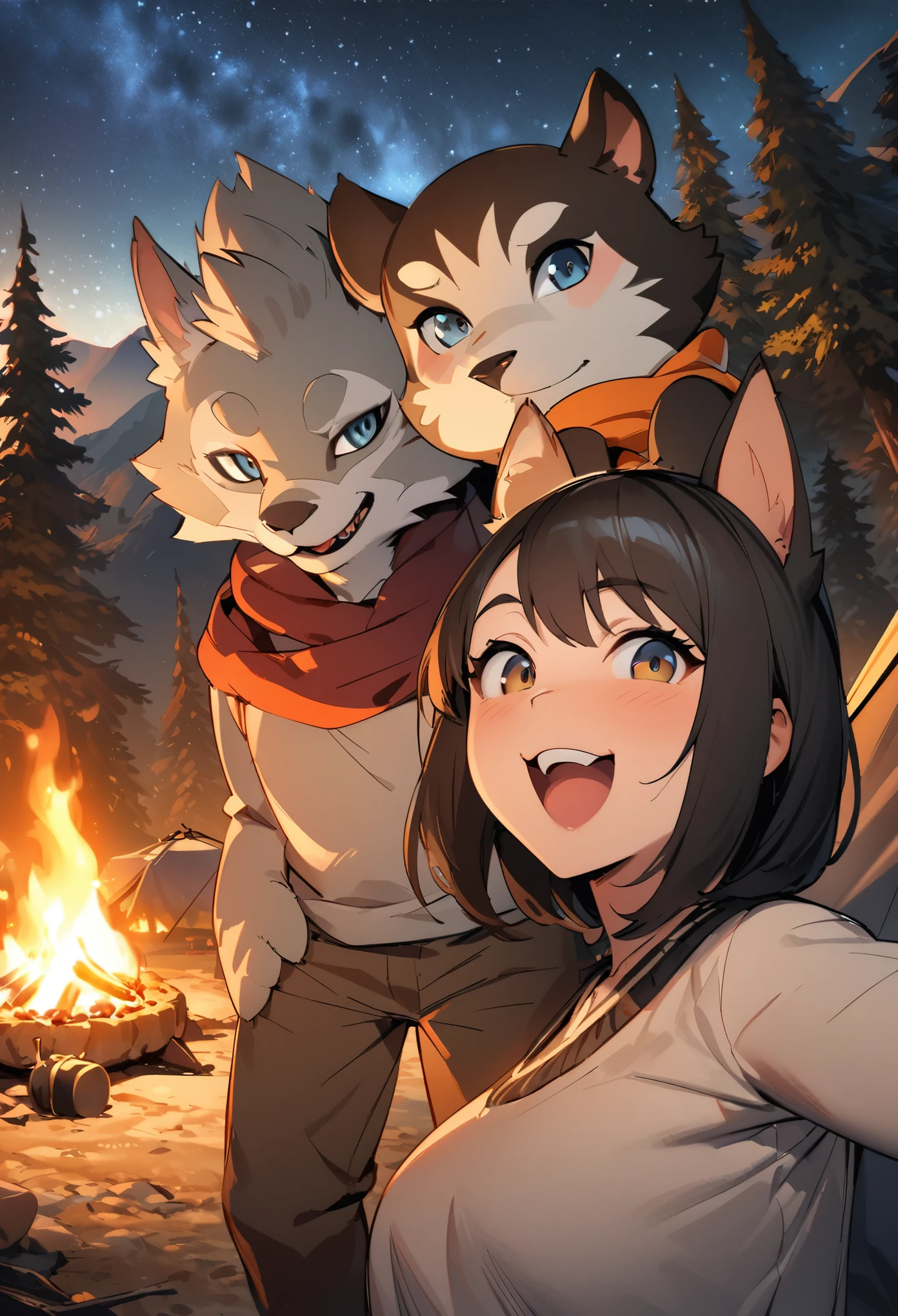 top quality, best quality, High-quality illustrations, masterpiece, super high resolution, detailed background, detailed background, Campsite in the mountains, group shot, 1boy, 1girl, camp-fire, night sky, absurdres, perfect anatomy(Photo of family trip)(kemono, furry anthro)selfie,