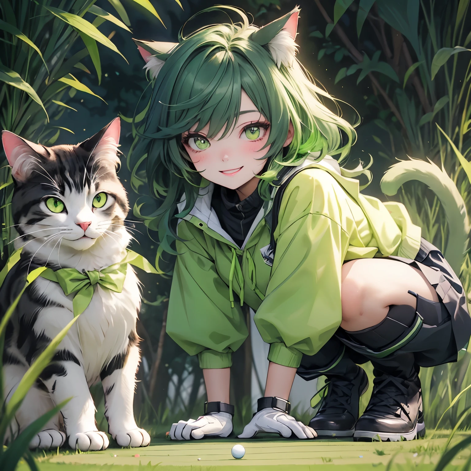 A cat wearing a fluorescent yellow-green ribbon、Fluorescent yellow-green hair、Fluorescent yellow-green eyes、Fluorescent yellow-green clothing、Playing golf、grass、smile