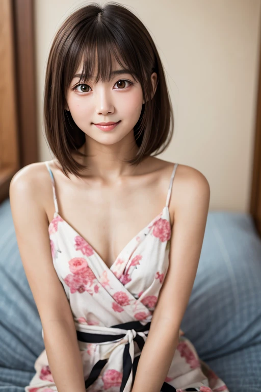 masterpiece, highest quality, (Beautiful woman:1.3), (24-years-old:1.3), Very fine grain definition, (Symmetrical eyes:1.3), (Upper Body:1.2),  (yukata), Brown eyes, Parted bangs, Brown Hair, Delicate girl, (Eye and facial details:1.0), (RAW Photos, Professional Lighting, Film Grain, chromatic aberration)、(embarrassed、sad smile)、On the futon in a Japanese inn、Beautiful clavicle、(Selfie、topless)