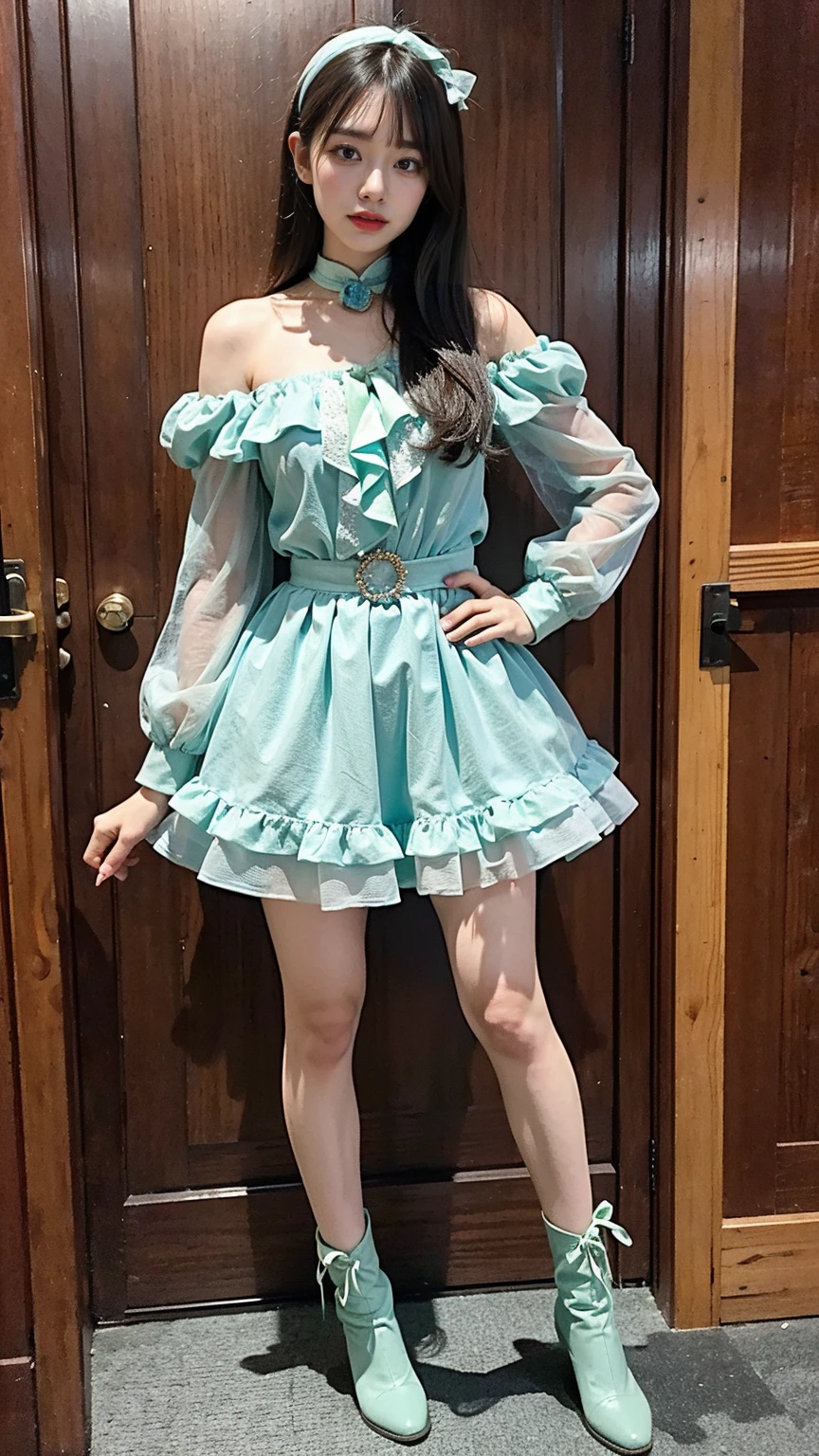 (8k、RAW Photos、highest quality、masterpiece:1.2)、(Realistic、Realistic)、1 girl、((Light blue and green mile、Off the shoulder、Frills、ribbon、See-through、stage、Spotlight、garter belt、View from the front、boots、Standing with hands on hips))、