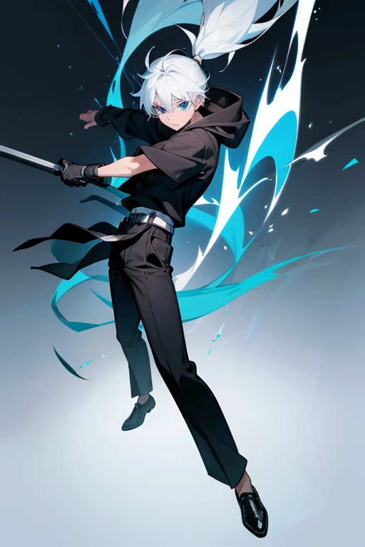 12 year old boy, white hair, sky blue eyes, full body, black hood, blaxk hoodie, black trouser, black shoes, black gloves, white tiger belt, guardian aura, white tiger Spirit,