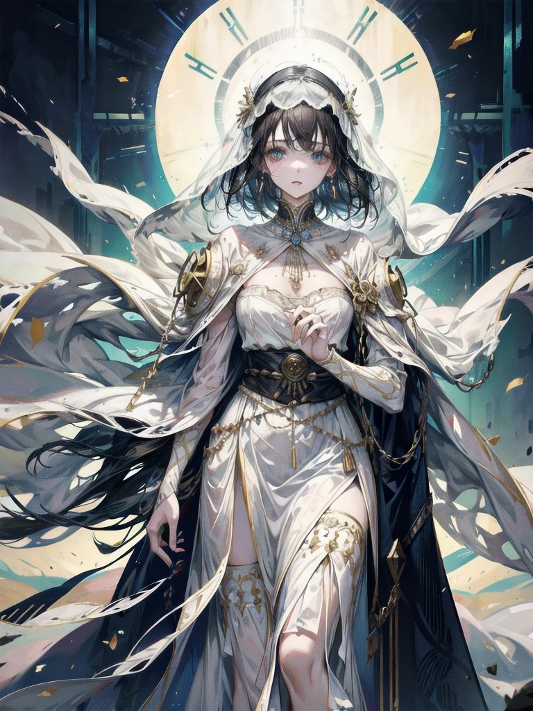 whole body, fortune teller robes, girl in gipsy tent, skirt, face veil, robe, cloak, absurdres, RAW photo, extremely delicate and beautiful, masterpiece, Best Quality, ultra high resolution, 32k, hyperrealistic, ultra-detailed, perfect figure, perfect shape, detailed v, pale skin, 20 years old, detailed beautiful face and eyes, tearful mole, earring, short medium hair, wavy hair, black hair,