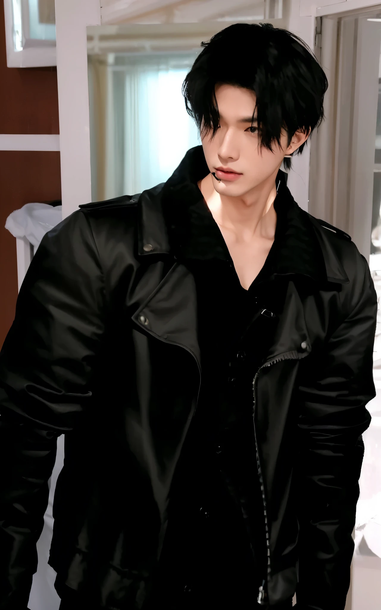 A handsome korean man,black hair,black jacket,piercing, super realistic, high detailed