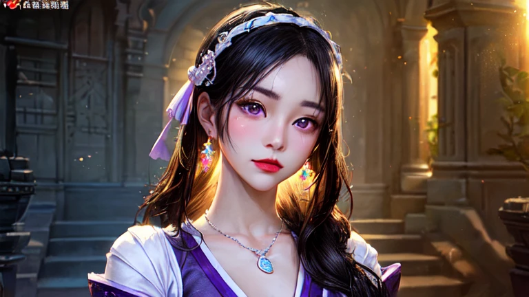((best quality)), ((masterpiece)), (detailed), Perfect face，Hanfu beauty, Thin purple silk shirt，White，Various textures, White蕾丝上衣, Platinum purple long ponytail, Hair accessories, earrings, Necklaces and necklaces, Carefully drawn large purple eyes, Detailed makeup, Thin eyebrows, high nose, Lovely red lips, No smile, purse lips, blush, broad mind, Large Breasts , Well-proportioned breasts, Slim waist, Purple fishnet socks, Chinese Hanfu style, Fictional art texture, Bright colors、Lifelike, original photo, Realistic photos, Ultra-high quality 8K hyper-realistic photos, (Effective fantasy lighting effects: 1.8), 10x pixel, Magic Effects (background): 1.8), super detailed eyes, Girl full body portrait, Solo Girl