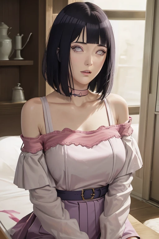 masterpiece, absurdres, hinata\(boruto\), 1girl, solo,mature female, off-shoulder strap bra, high waist short skirt, looking at viewer, perfect composition, detailed lips, big breast, beautiful face, body propotion, blush, (pink lips), long hair, purple eyes, soft gaze, super realistic, detailed, photoshoot, realistic face and body,