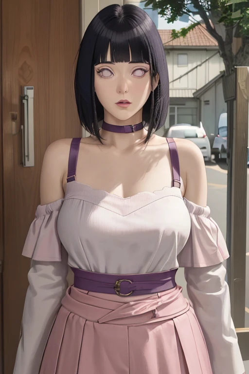 masterpiece, absurdres, hinata\(boruto\), 1girl, solo,mature female, off-shoulder strap bra, high waist short skirt, looking at viewer, perfect composition, detailed lips, big breast, beautiful face, body propotion, blush, (pink lips), long hair, purple eyes, soft gaze, super realistic, detailed, photoshoot, realistic face and body,
