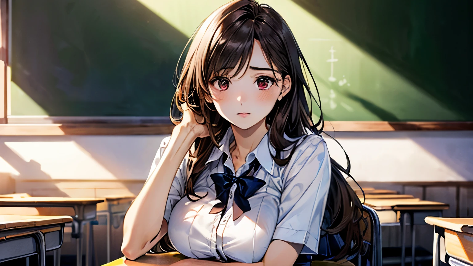 (masterpiece:1.2, highest quality), (Realistic, photoRealistic:1.4), Beautiful illustrations, (Natural Side Lighting, Cinema Lighting), ,
View Viewer, (Face Focus, Upper Body), 1 girl, Japanese, high school girl, Perfect Face, Cute and symmetrical face, Shiny skin,
(Very long hair:1.5, Layered Hair:1.4, Light brown hair), Crossed bangs, Brown eyes, Big eyes, Droopy eyes, Long Eyelashes, (Big Breasts:1.5), thin,
Beautiful Hair, Beautiful Face, Beautiful fine details, Beautiful clavicle, Beautiful body, Beautiful breasts, Beautiful thighs, Beautiful feet, Beautiful fingers,
((, White collared shirt, black pleated mini skirt)),
(Beautiful views), evening, (School classroom, blackboard), Sitting, (Expressionless, Maroon mouth),I have a book,one person
