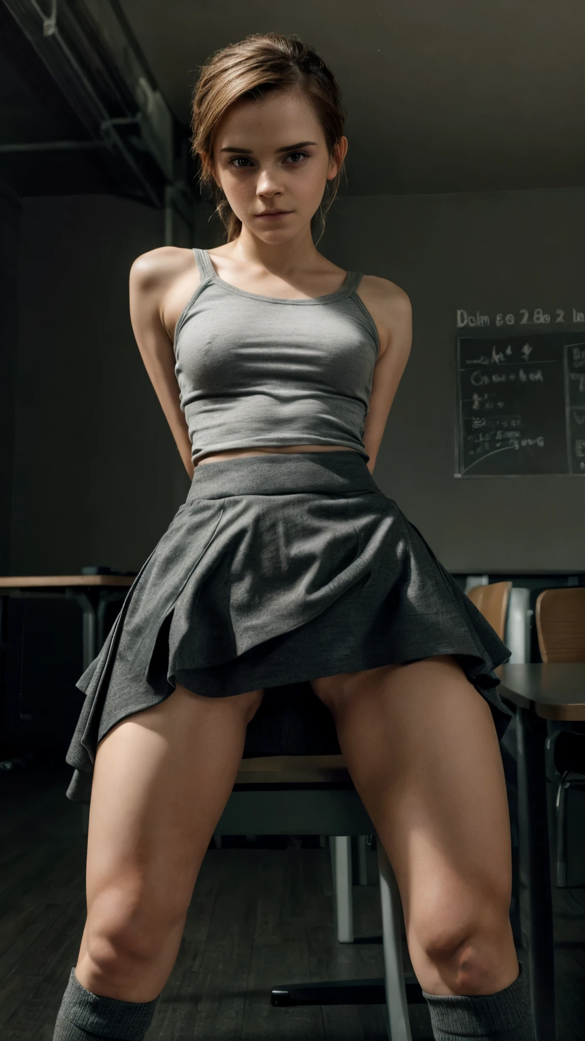 Emma Watson wearing grey, dark green skirt, expressive eyes, focus on neckline, below view, focus on eyes, looking to the viewer, thin body, skinny body, tight clothes, grey socks and black shoes, close up, focus on eyes and neckline, upskirt, spreading legs on the classroom table, legs opening, cameltoe, 