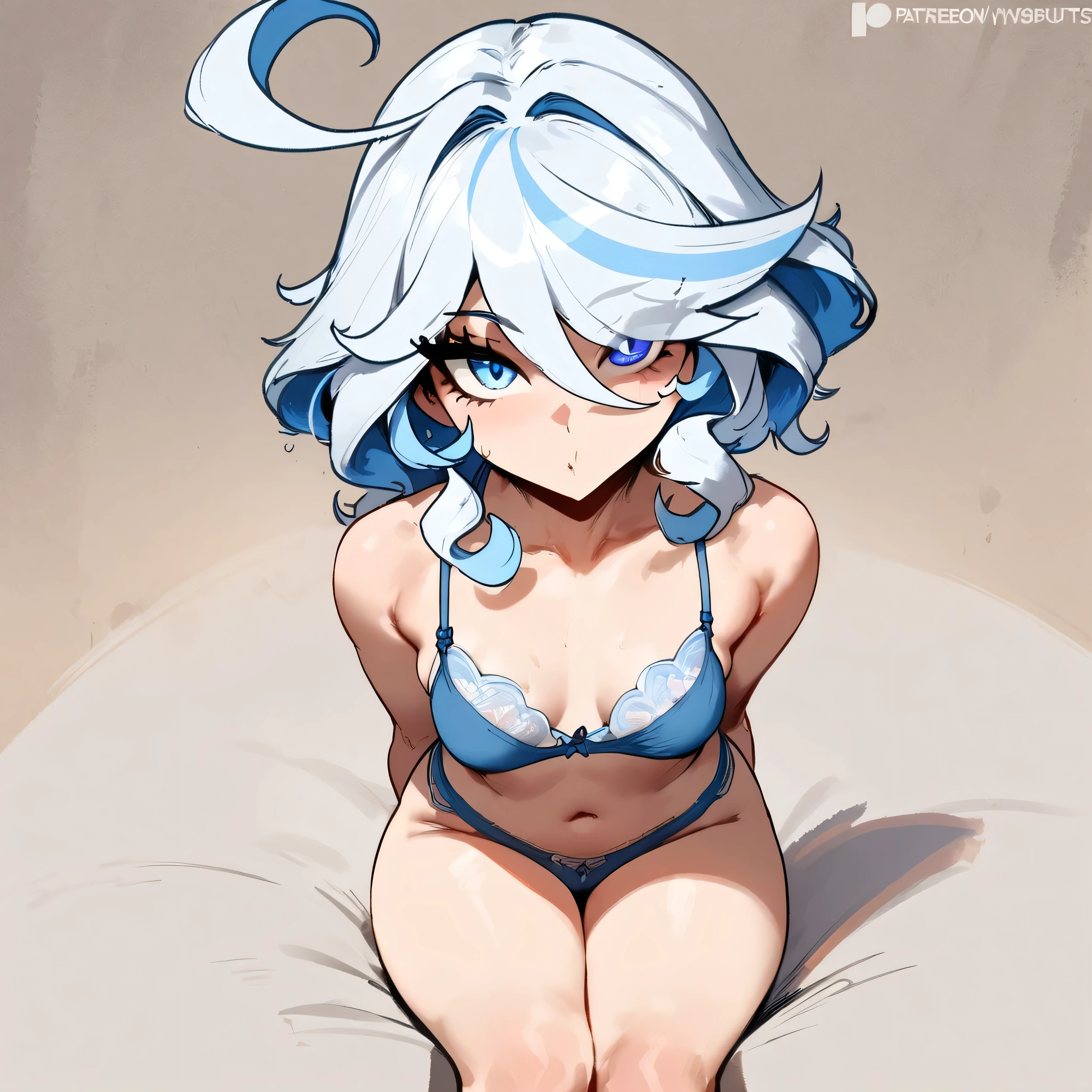 1girl, furina \(genshin impact\), genshin impact ,masterpiece, best quality, very aesthetic, absurdres, newest,,,, , in front of viewer, ///// by nyantcha, cutesexyrobutts, , , by khyle ///// lace panties, lace blue bra,bikini,,, 18 years old girl, thin waist,,white background,simple background,portrait,sit,view from top