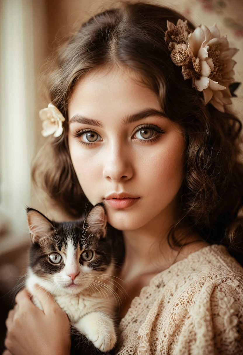 Girl with Cat, A girl with a cute kitten,sepia toned photography,beautiful detailed eyes,beautiful detailed lips,extremely detailed eyes and face,long eyelashes,vintage style,crochet flowers,1967,soft lighting,warm color palette,film grain effect,bokeh background,natural tones,nostalgic mood