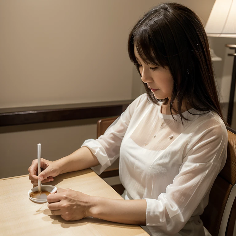 white wears a transparent top,japanese woman sitting at a table drinking coffee, She is about 60 years old., She is about 50 years old, an Asian woman, Late 40s, sitting at a mocha-colored table, She is about 50 years old , 