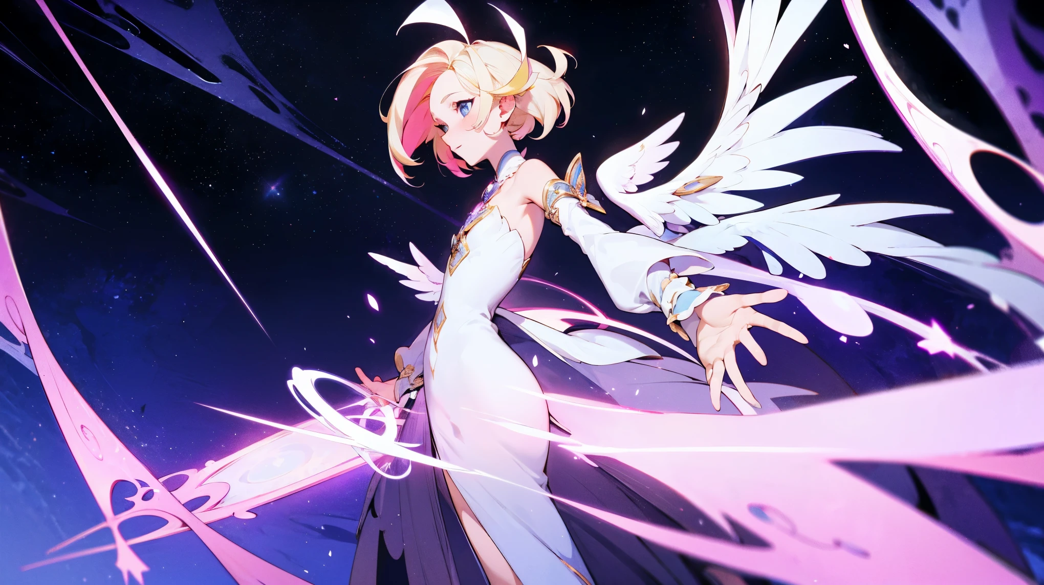 seraph guardian of the stars, cheveux blond, cheveux roux, cheveux multicolores, Multicolored clothing, Robe, arc de cheveux, detached sleeves, fille magique,related, restreint, soie, NUDE