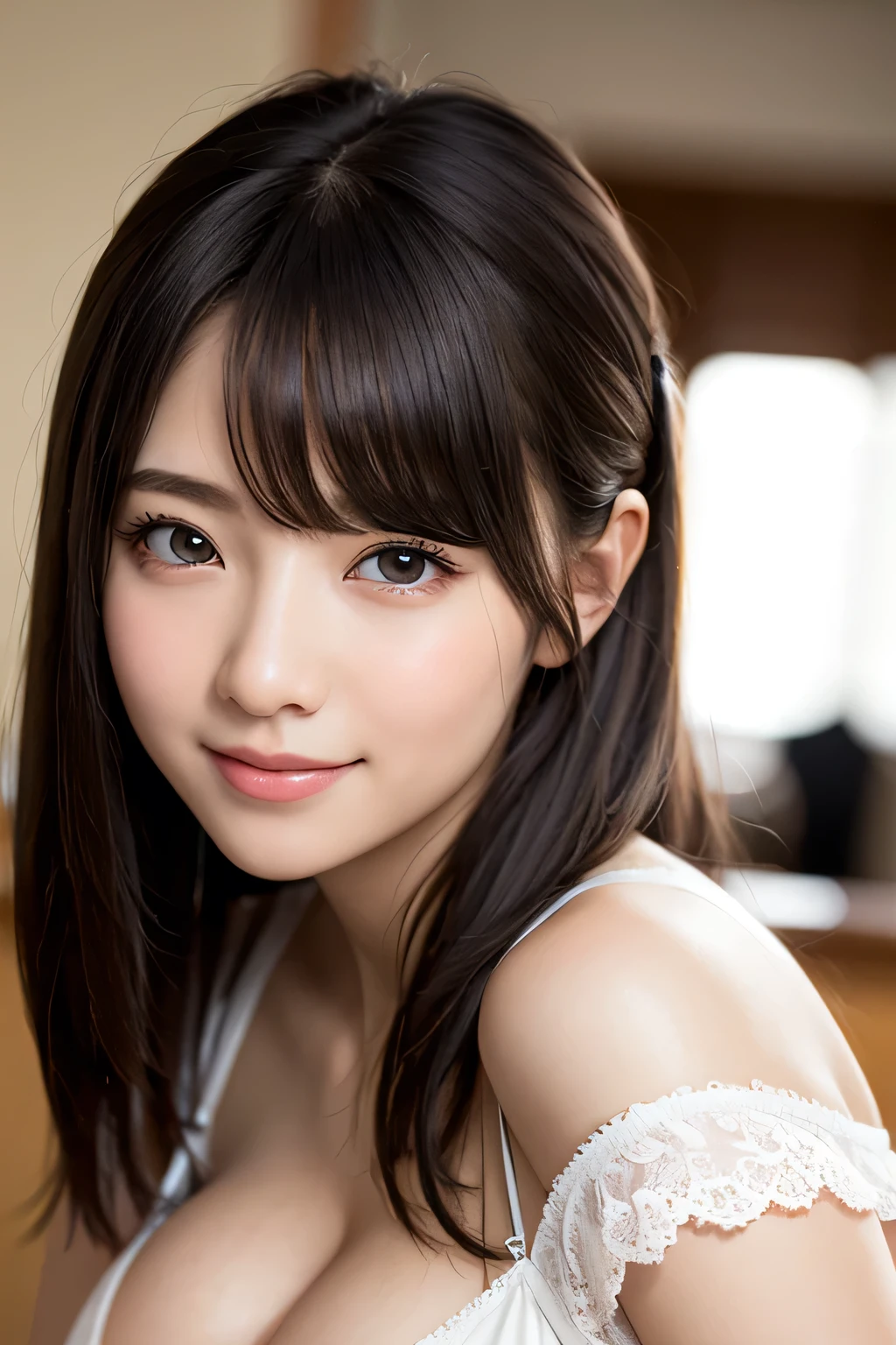 brightexpression、photorealistic stick:1.32、highest quality、超A high resolution、Photos of the most beautiful Japan girls、cute and beautiful face details、small face、(Pueros face_V1:0.008)、Beautiful bangs、18 years old、Brilliant white skin、hair gets tangled in face、Bangs that reach down to the face、bangs、hair between eyes、super long hair、charming brown silky hair、bright、Clear light blue eyes shine charmingly、ample breasts、Dynamic poses highest quality、disorganized、((the cutest girl in the world))、Japanese、18 years oldの女の子、Cafe、((lace dress:1.3))、(half up hair:1.3)、(tie with a thin ribbon)、nice and cute、innocent smile、nice smile、cleavage、(big breasts:1.3)、ponytail、brown hair、thin waist、detailed beautiful eyes、face forward、Upper body、close up of face、Front view、