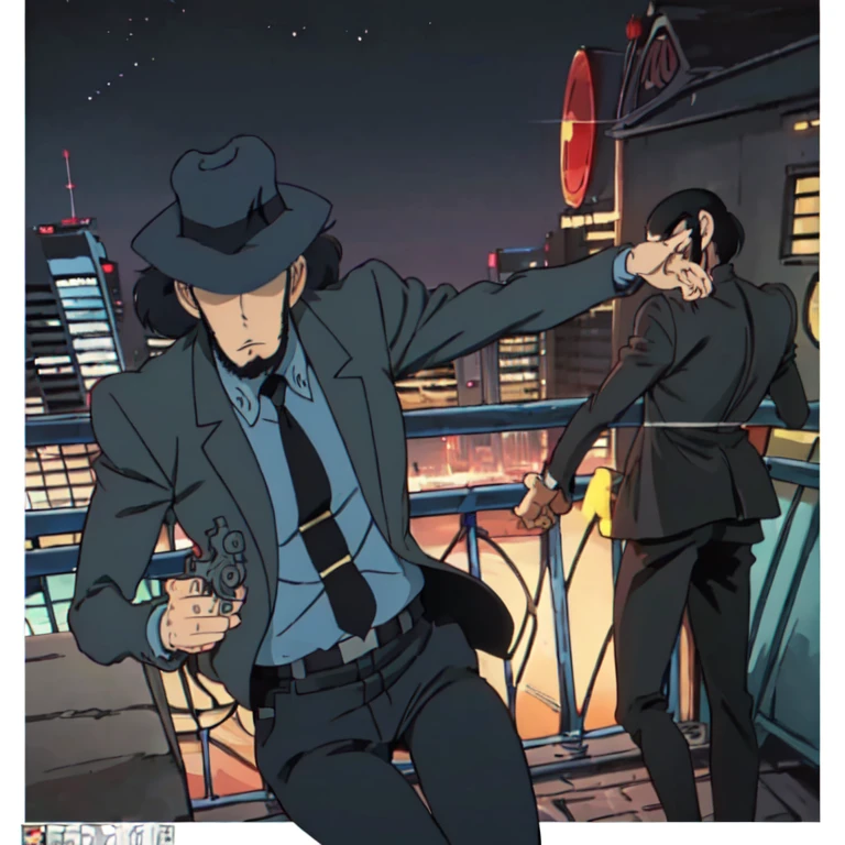 Jigen ,  (highest quality, masterpiece, RAW Photos,Super detailed:1.2), One boy,alone,View Viewer, Bald hair, 
Have, formal, Hide Your Eyes,  city, night, Pistol, Possession of a pistol,