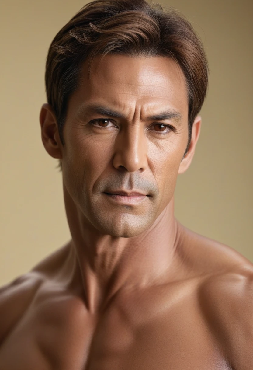 photo, 8k, sharp focus, male actor, brown hair, mixed with American nad Japanese, brown skin, mature ikemen, heavy weight male celeb, male black bikini, topless, beautiful detailed eyes