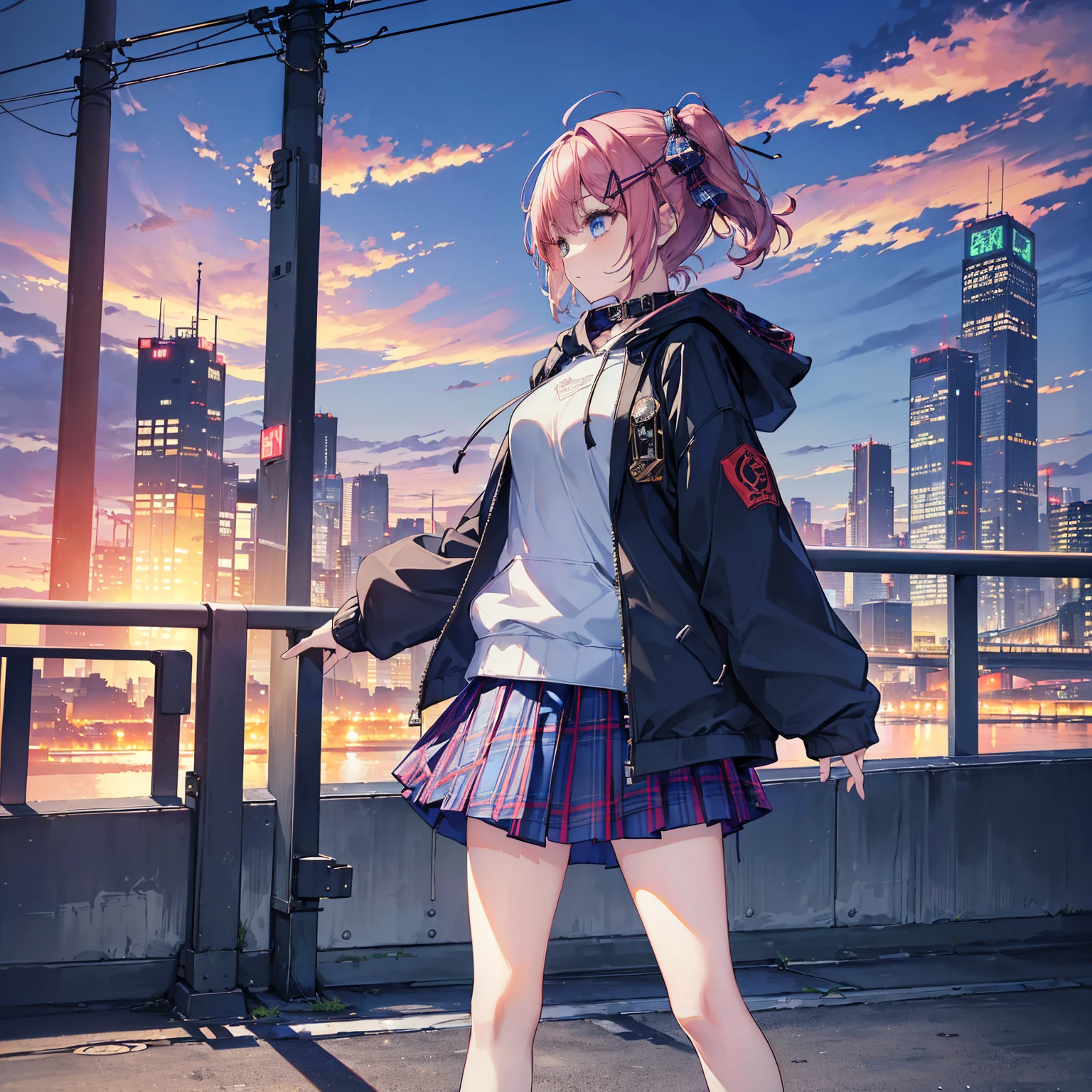 8k, highest quality, (real:1.4), Original photo, 1 girl, ,arched back,(masterpiece、highest quality、Highest Resolution、Clear_image、Detailed details、Angle from above): (Asari Hair,smart blue eyes,(Perfect body:1.4)、(Woman wearing a skirt and jacket, Tartan hoodie, Tartan Parka, Checked skirt, Casual clothing style, Wide skirt, Tartan garment, The Style of Chie Yoshii, Layered Skirt, Wearing a jacket and skirt, Profile, Komono, Long Skirt, Grunge Style, Wearing long flowing clothes, Asymmetric!!, rena nounen style 3/4)、Kobe cityscape