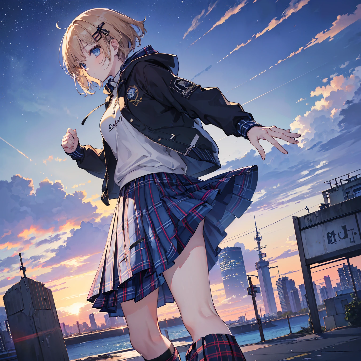 8k, highest quality, (real:1.4), Original photo, 1 girl, ,arched back,(masterpiece、highest quality、Highest Resolution、Clear_image、Detailed details、Angle from above): (Asari Hair,smart blue eyes,(Perfect body:1.4)、(Woman wearing a skirt and jacket, Tartan hoodie, Tartan Parka, Checked skirt, Casual clothing style, Wide skirt, Tartan garment, The Style of Chie Yoshii, Layered Skirt, Wearing a jacket and skirt, Profile, Komono, Long Skirt, Grunge Style, Wearing long flowing clothes, Asymmetric!!, rena nounen style 3/4)、Kobe cityscape