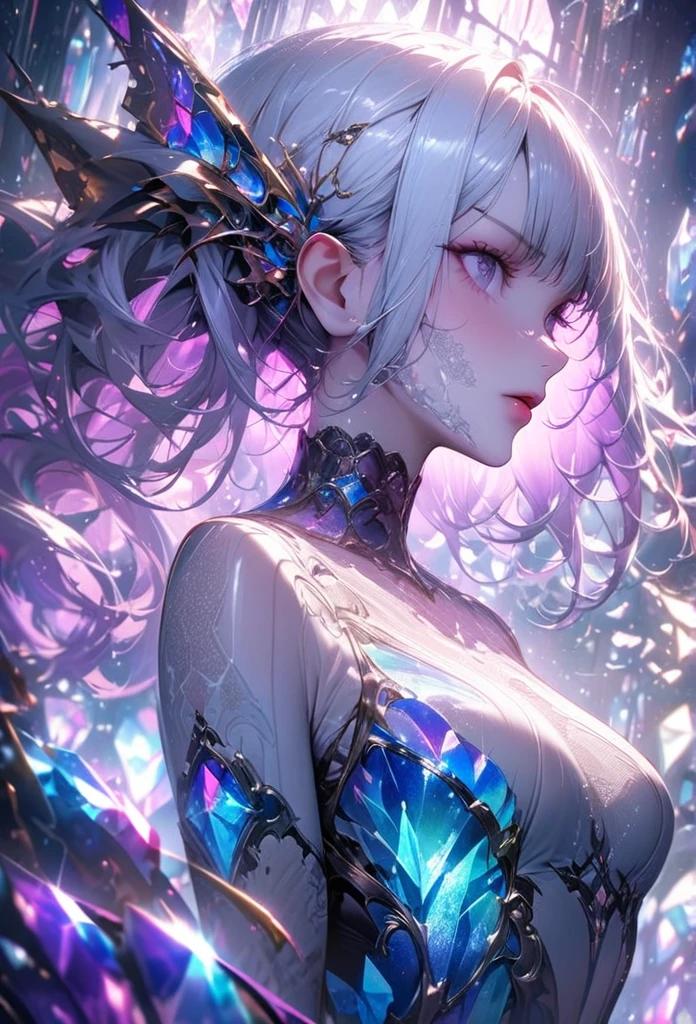 crystal covered, upper body, side shot, alternate color, masterpiece, detailed illustration, realistic, pixiv top quality, exquisite, {{{kawaii 1girl}}}, ultra beauties who fuse with machines, elaborate shabby chic pattern, glitter beautiful female, Half of my body is made of machines, transparent glass body, The machines inside the body are transparent, cinematic lighting, dynamic angle, dynamic pose, crystal world, depth of field,Full body portrait